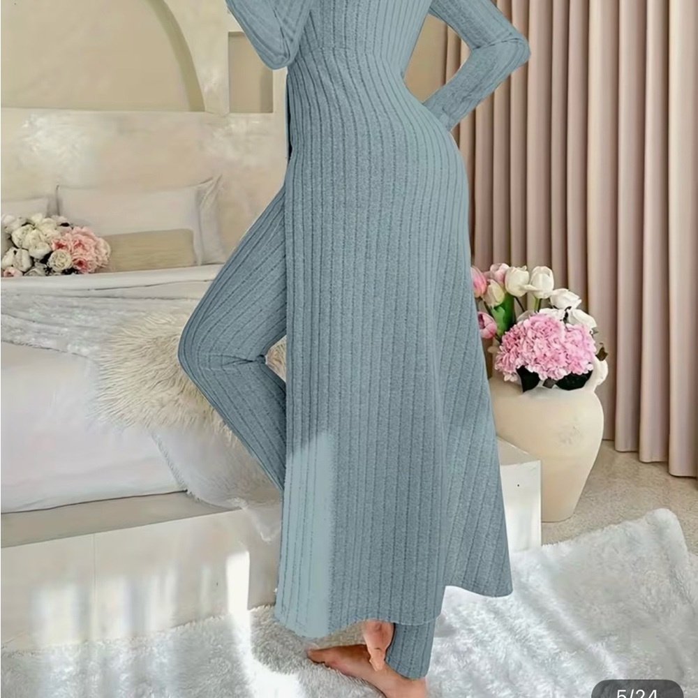 Women's Ribbed Knit Lounge Set - Gray